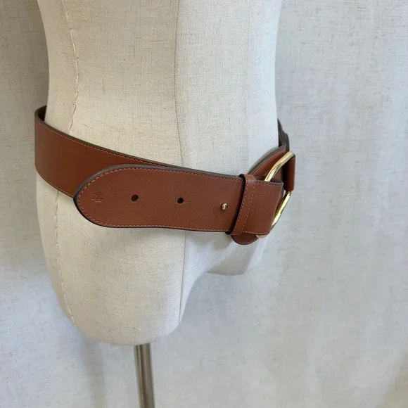 Lauren Ralph Lauren Brown Leather Wide Waist Belt Gold Stirrup Buckle Medium - Picture 7 of 12